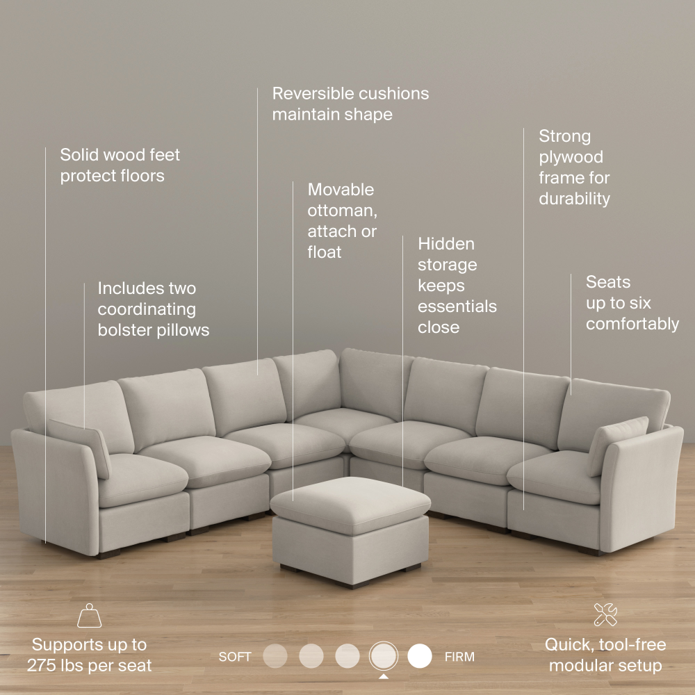Shop Bush Home Sienna Modular 6-Seater Sectional with Storage Ottoman, Image 08, SNA006MTW, #color_mist taupe