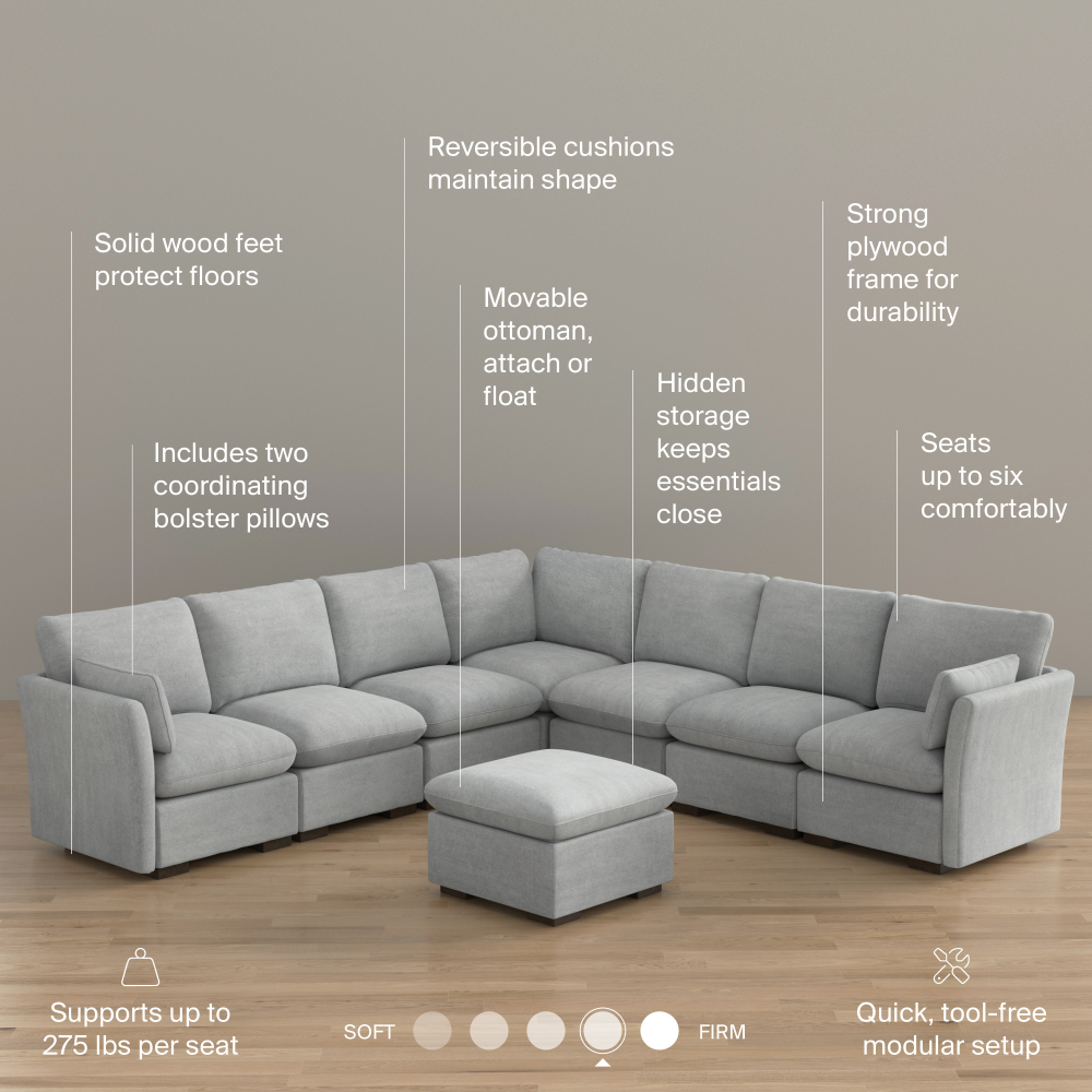 Shop Bush Home Sienna Modular 6-Seater Sectional with Storage Ottoman, Image 08, SNA006DGW, #color_dove gray