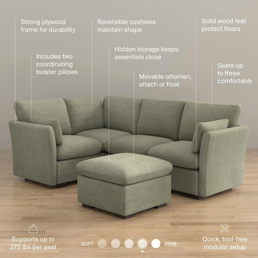 Shop Bush Home Sienna Modular 3-Seater Sectional with Storage Ottoman, Image 08, SNA011SGW, #color_soft green