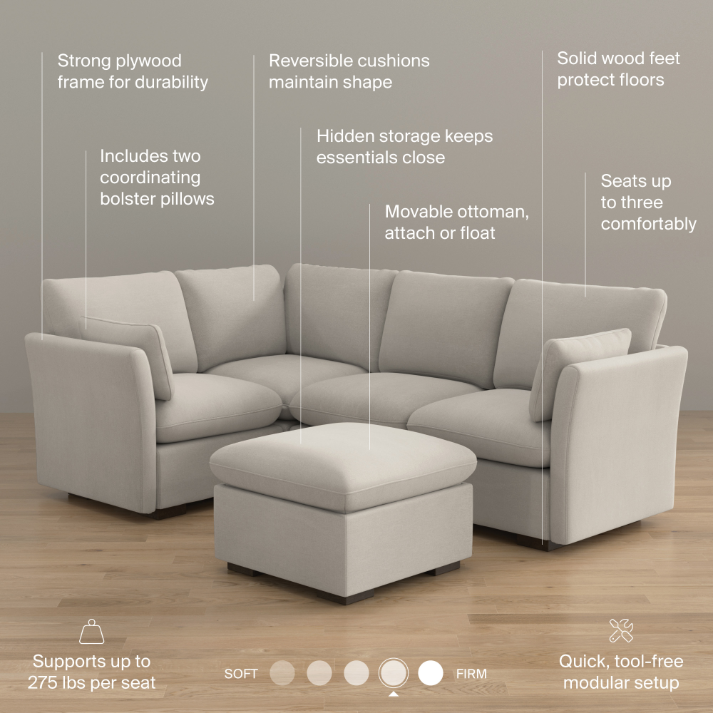 Shop Bush Home Sienna Modular 3-Seater Sectional with Storage Ottoman, Image 08, SNA011MTW, #color_mist taupe