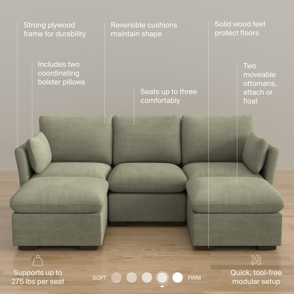 Shop Bush Home Sienna Modular 3-Seater Double Ottoman Chaise Sectional, Image 08, SNA008SGW, #color_soft green