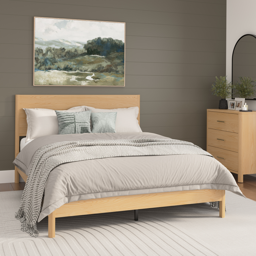 Shop Bush Home Vera Queen Platform Bed Frame with Headboard, Image 01, VRQ165NW-03K, #color_natural white oak/black metal