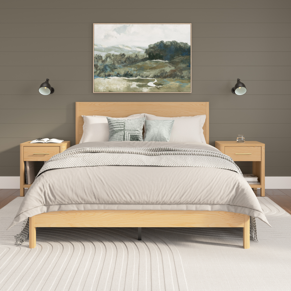 Shop Bush Home Vera Queen Platform Bed with Set of 2 Nightstands with Drawer, Image 01, VRA011NW, #color_natural white oak/black metal