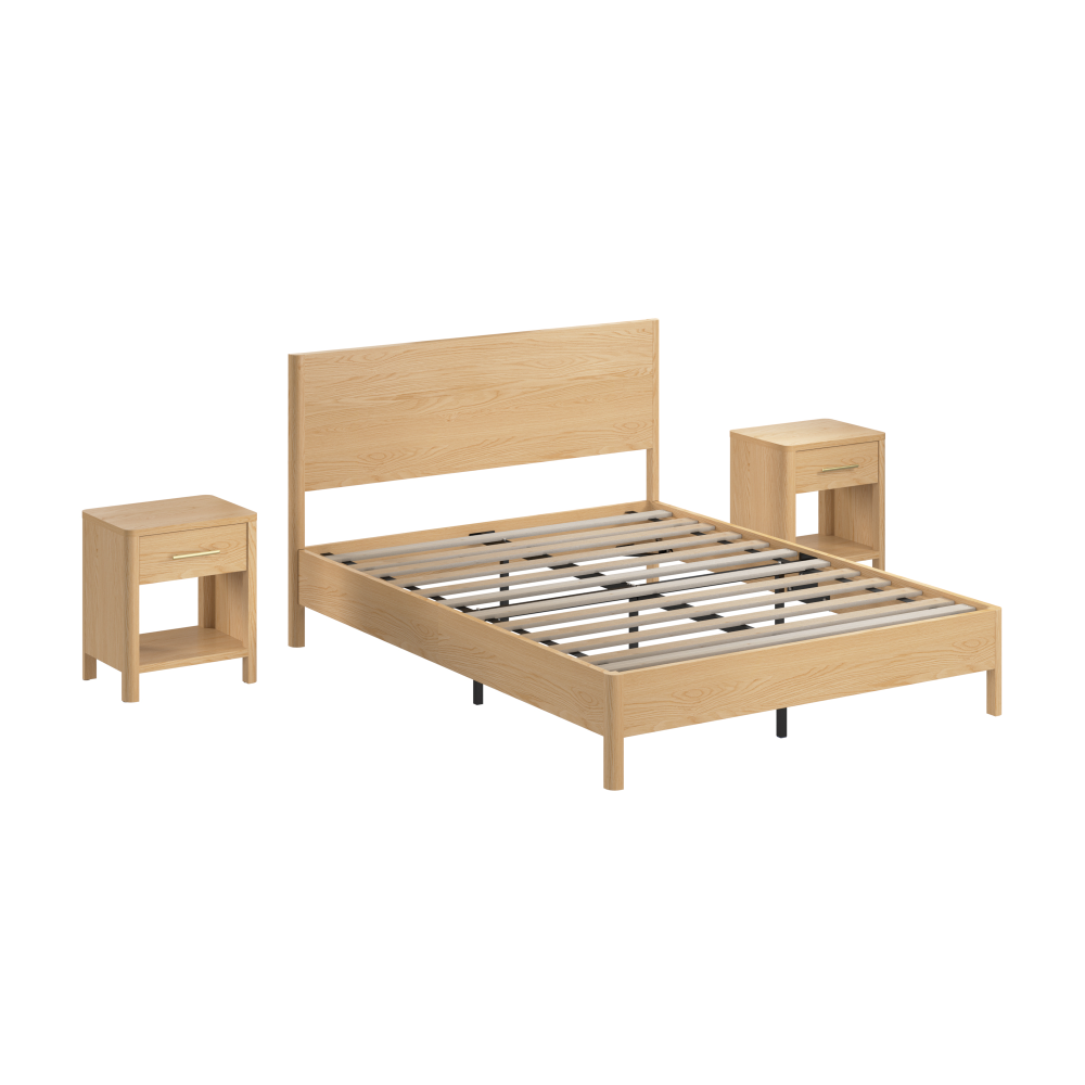 Shop Bush Home Vera Queen Platform Bed with Set of 2 Nightstands with Drawer, Image 02, VRA011NW, #color_natural white oak/black metal