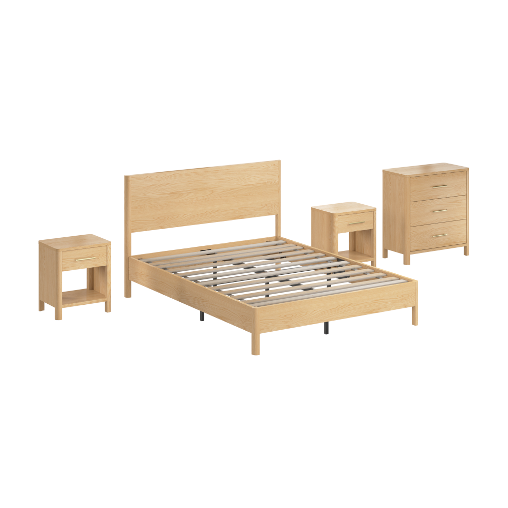 Shop Bush Home Vera Queen Platform Bed with Dresser and Set of 2 Nightstands with Drawer, Image 02, VRA012NW, #color_natural white oak/black metal