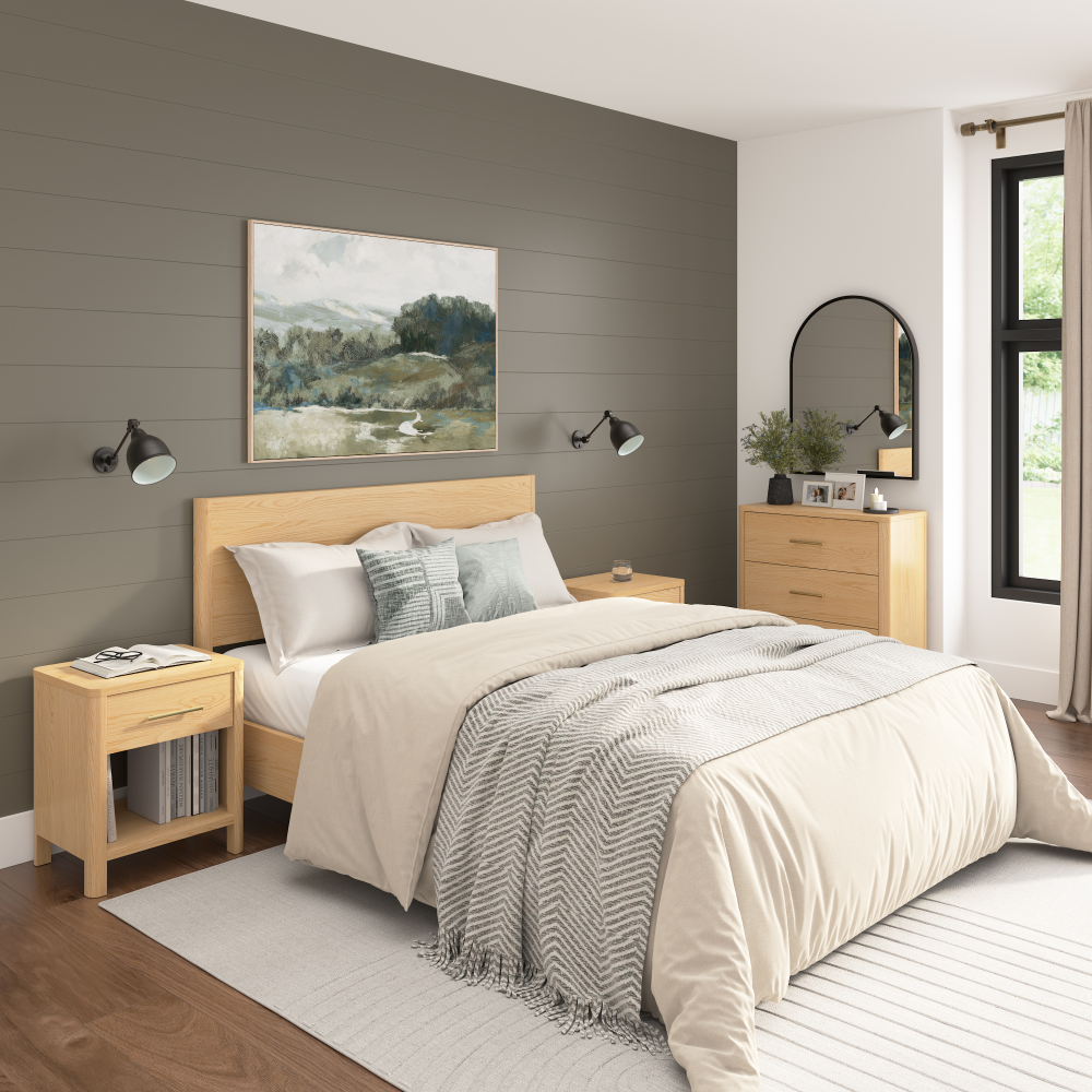 Shop Bush Home Vera Queen Platform Bed with Dresser and Set of 2 Nightstands with Drawer, Image 01, VRA012NW, #color_natural white oak/black metal